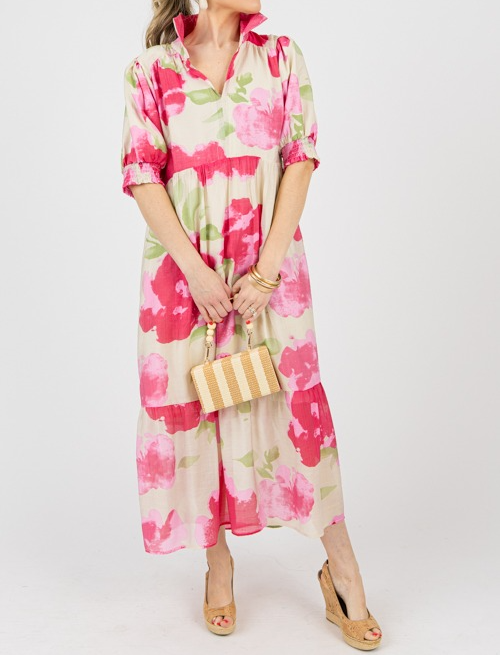 Elegancia Floral – Vestido Midi con Estampado Abstracto de Flores