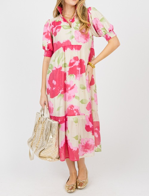 Elegancia Floral – Vestido Midi con Estampado Abstracto de Flores