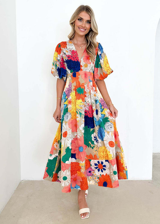 Elegancia Floral – Vestido Midi con Estampado Abstracto de Flores