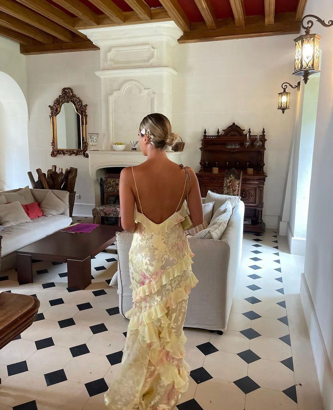 Robe Larga Mujer | Volantes Fluidos & Espalda Descubierta | Elegancia Ceremonial
