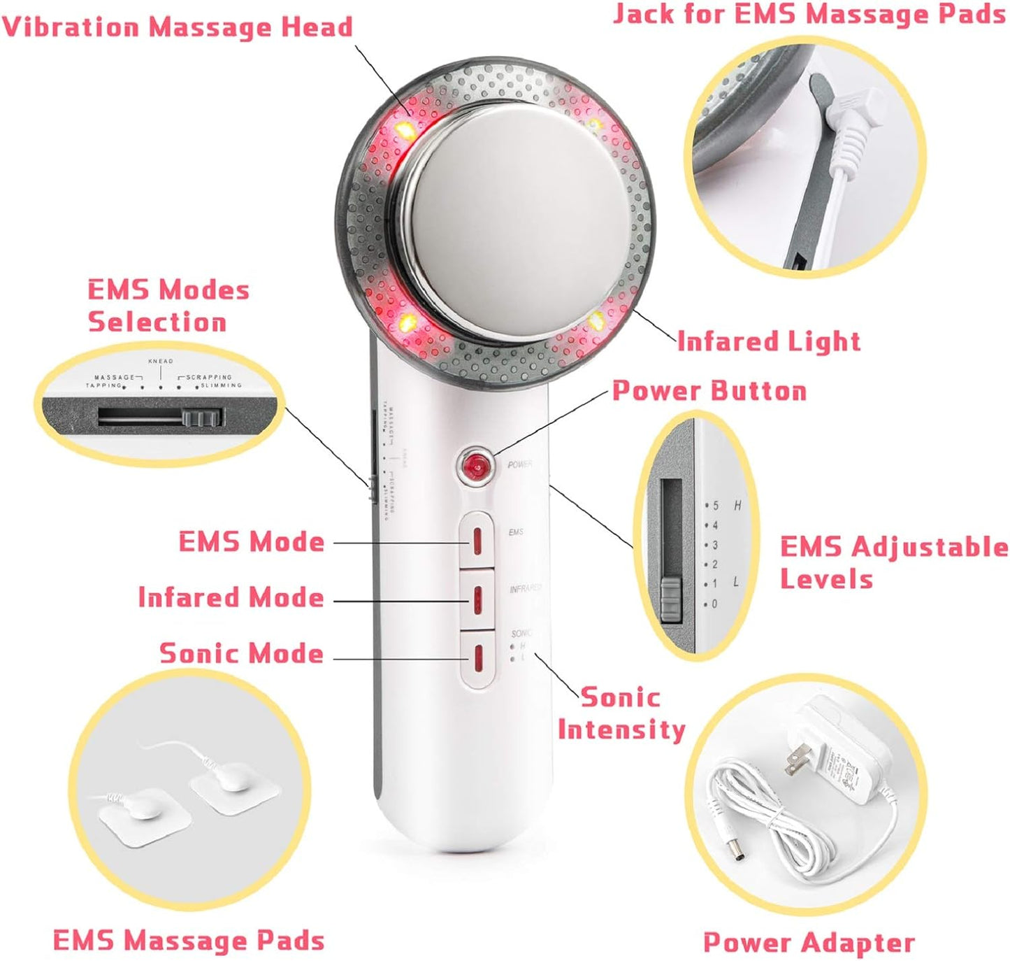 Masajeador Corporal EMS Ultrasonico 3 en 1 con Niveles Ajustables para Estimulación Muscular y Cuidado de la Piel