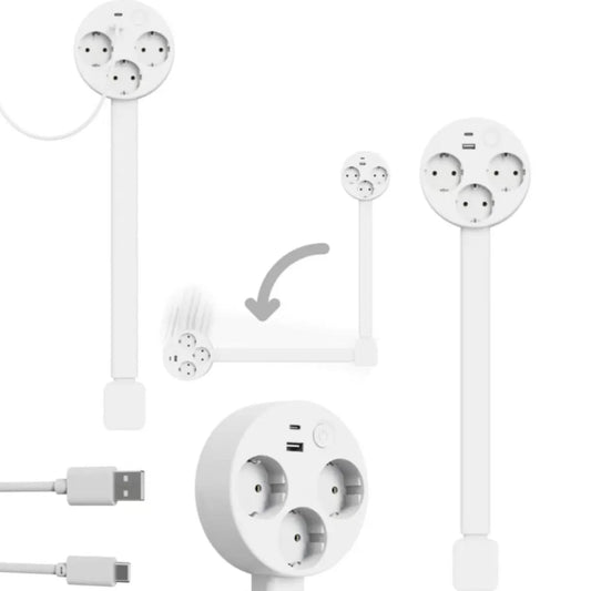 Toma de Corriente Extensible y Giratoria | 2 Enchufes + USB-A & USB-C | Voltiflex™ 56–87cm