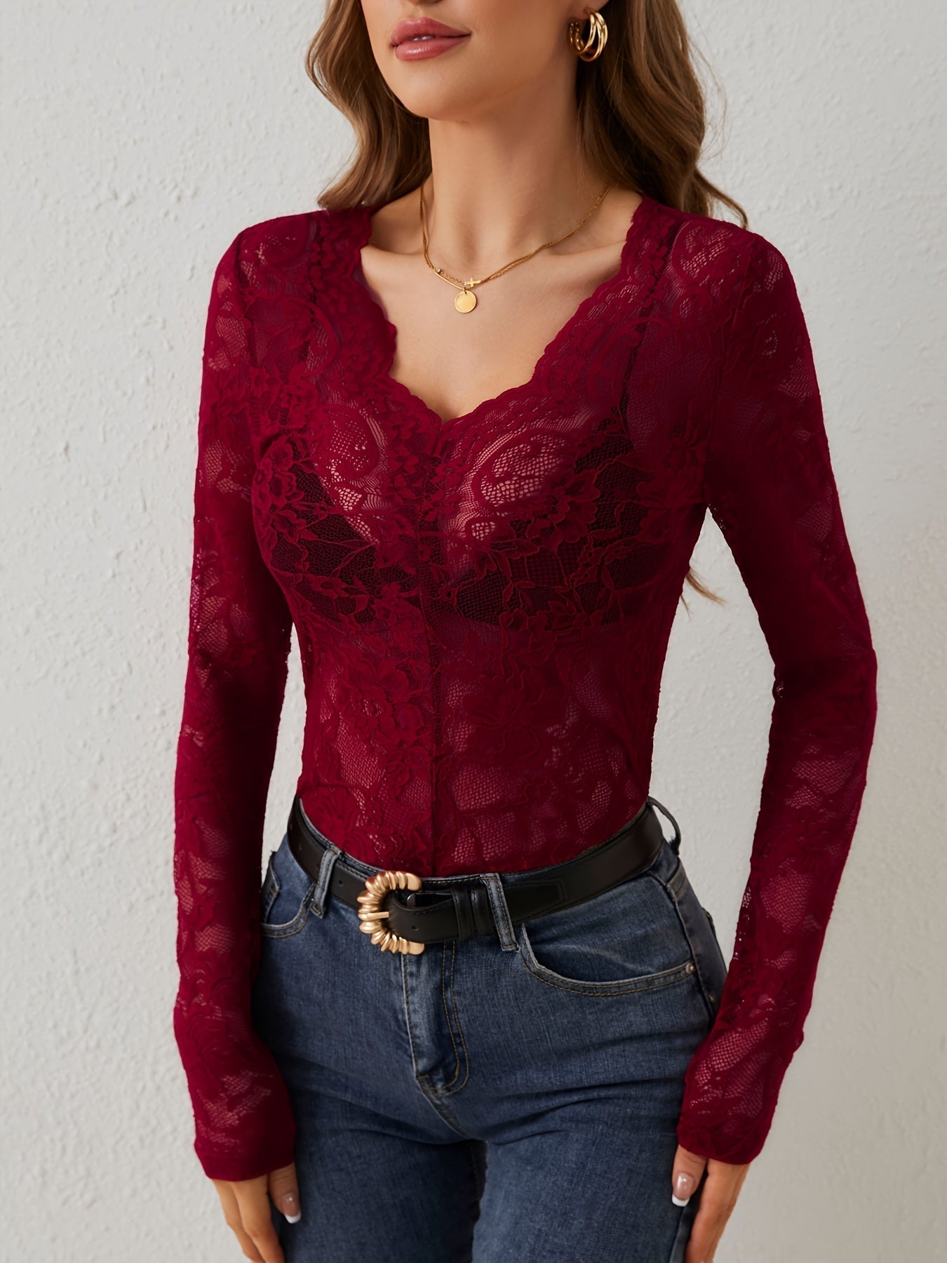 Top de Encaje con Superposición Transparente para Mujer | Ideal para el Día a Día y Ocasiones
