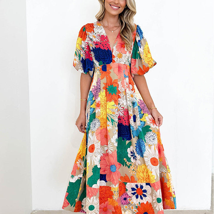 Elegancia Floral – Vestido Midi con Estampado Abstracto de Flores