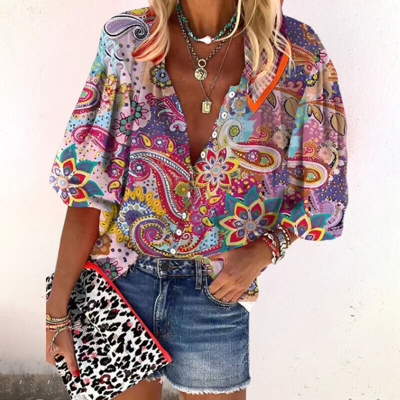 Blusa de Manga Corta con Estampado y Cierre de Botones para Mujer | Ideal para la Temporada Estival