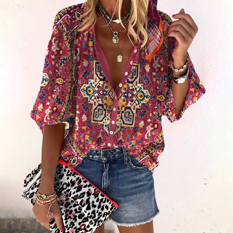 Blusa de Manga Corta con Estampado y Cierre de Botones para Mujer | Ideal para la Temporada Estival