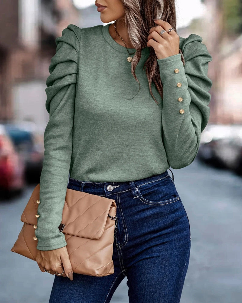 Top de Mangas Largas Abullonadas con Botones para Mujer | Ideal para las Temporadas Frescas