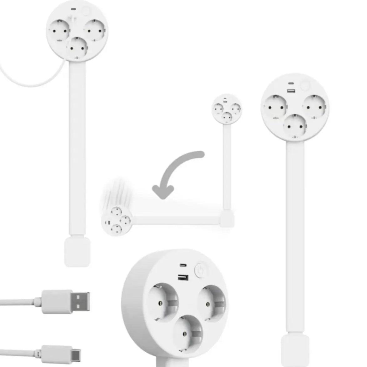 Toma de Corriente Extensible y Giratoria | 2 Enchufes + USB-A & USB-C | Voltiflex™ 56–87cm
